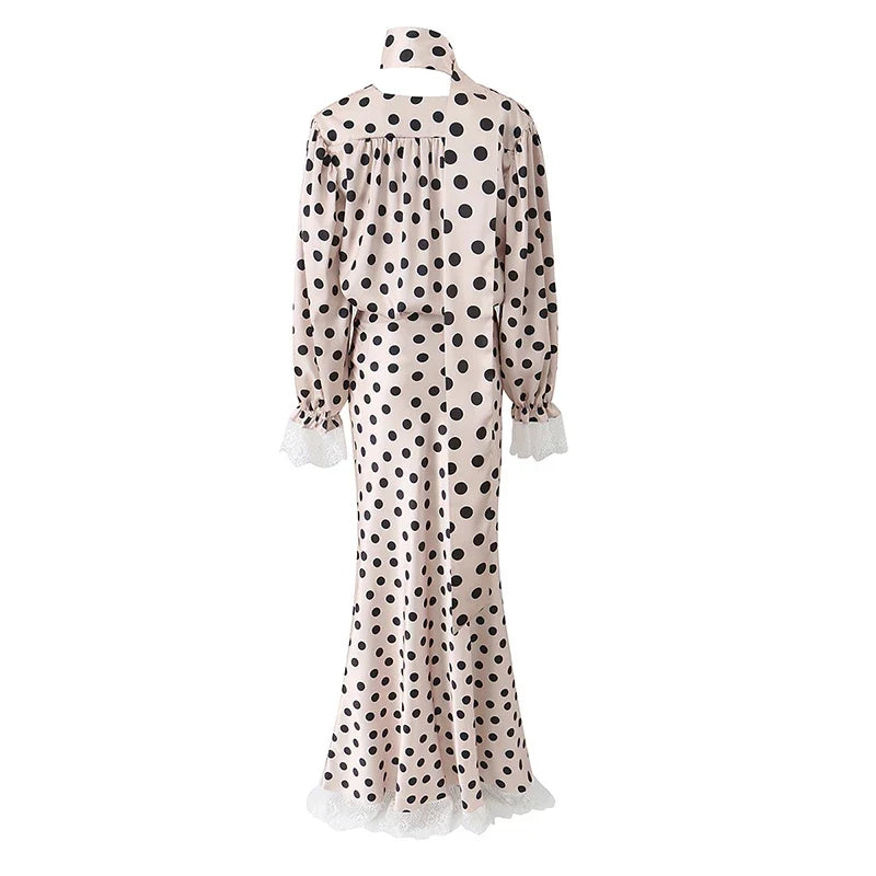 2026 New Women's Polka Dot 2 Piece Outfit V Neck With Scarf Blouse + High Waist Lace Trim Mermaid Maxi Skirt Elegant Vintage Set