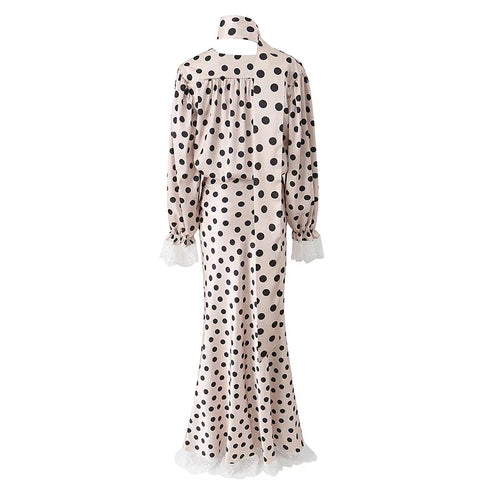 2026 New Women's Polka Dot 2 Piece Outfit V Neck With Scarf Blouse + High Waist Lace Trim Mermaid Maxi Skirt Elegant Vintage Set