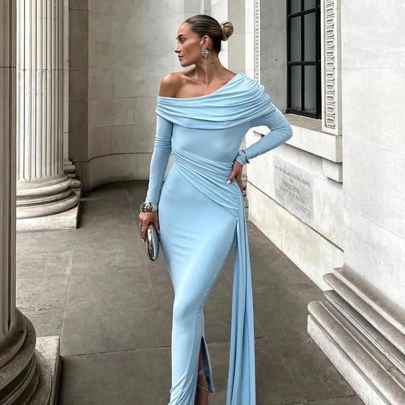 Cryptographic Elegant Asymmetrical Ruched Maxi Dress Party Club Outfits for Women Long Sleeve Sexy Bodycon Maxi Dresses Gown