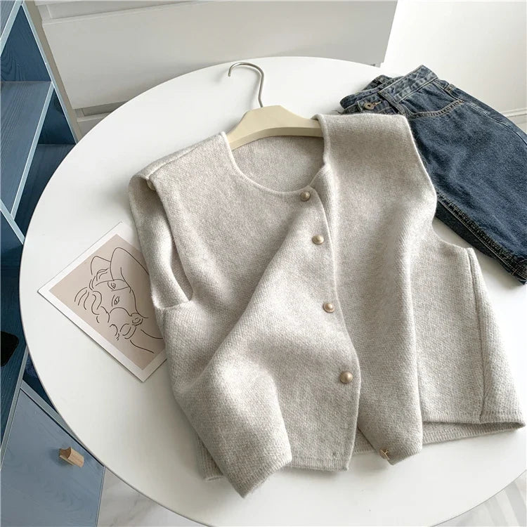 Single Breasted Small Gold Button Round Neck Slimming Knit Vest For Women Korean Loose Fitting Shoulder Top