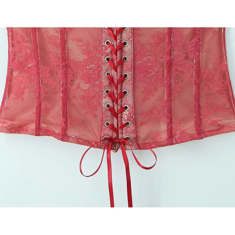 YENKYE 2026 New Women's Burgundy Lace Strapless Corset Top Lacing Up Bandage Back Sexy Crop Top For Club Party