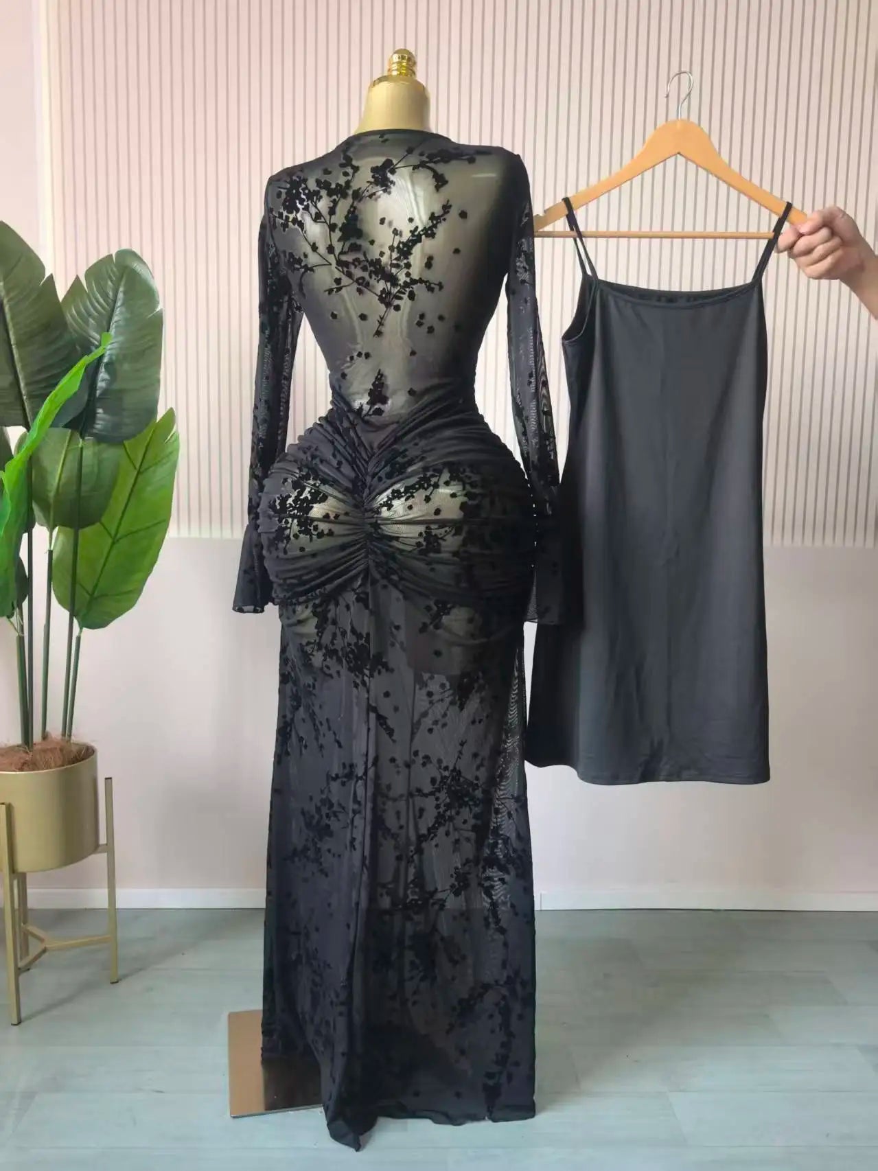 CM.YAYA Women Long Sleeve Stacked Mesh See Though with Lining Bodycon Long Dress 2025 Autumn Evening Birthday Sexy Party Dresses