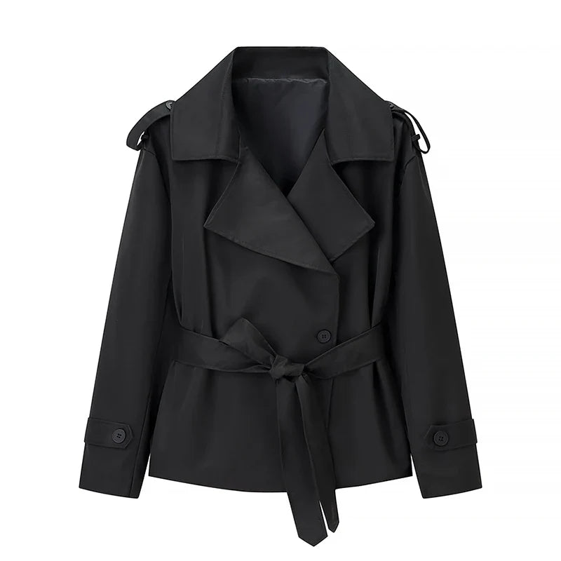 Street Lace Up Trench Coats Women Long Sleeve Lapel Waist Cinching Cropped Windbreaker Female Autumn Lady Elegant Casual Jacket