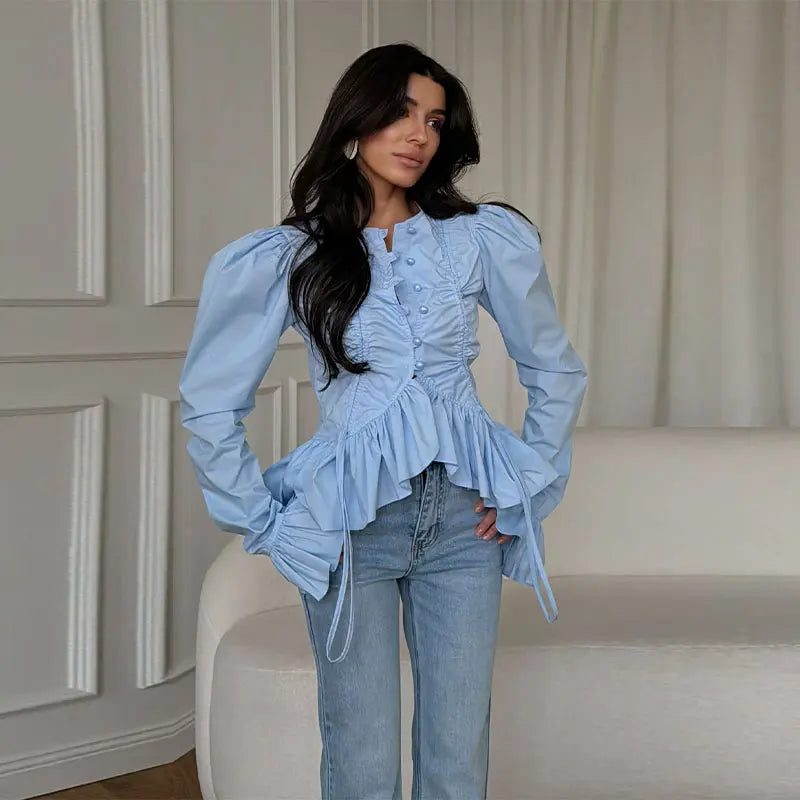 Fashion Street Ruffle Women's Blouse Solid Single Breasted Full Sleeve Pleated Cropped Shirt Lady New Casual Spring Clothing