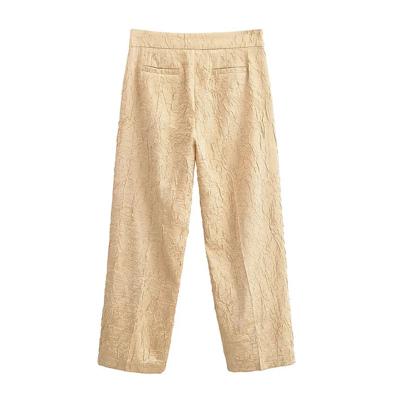 YENKYE New 2025 Women Mid-rise Wrinkled Satin Pants Female Fashion Straight Trousers pantalones de mujer
