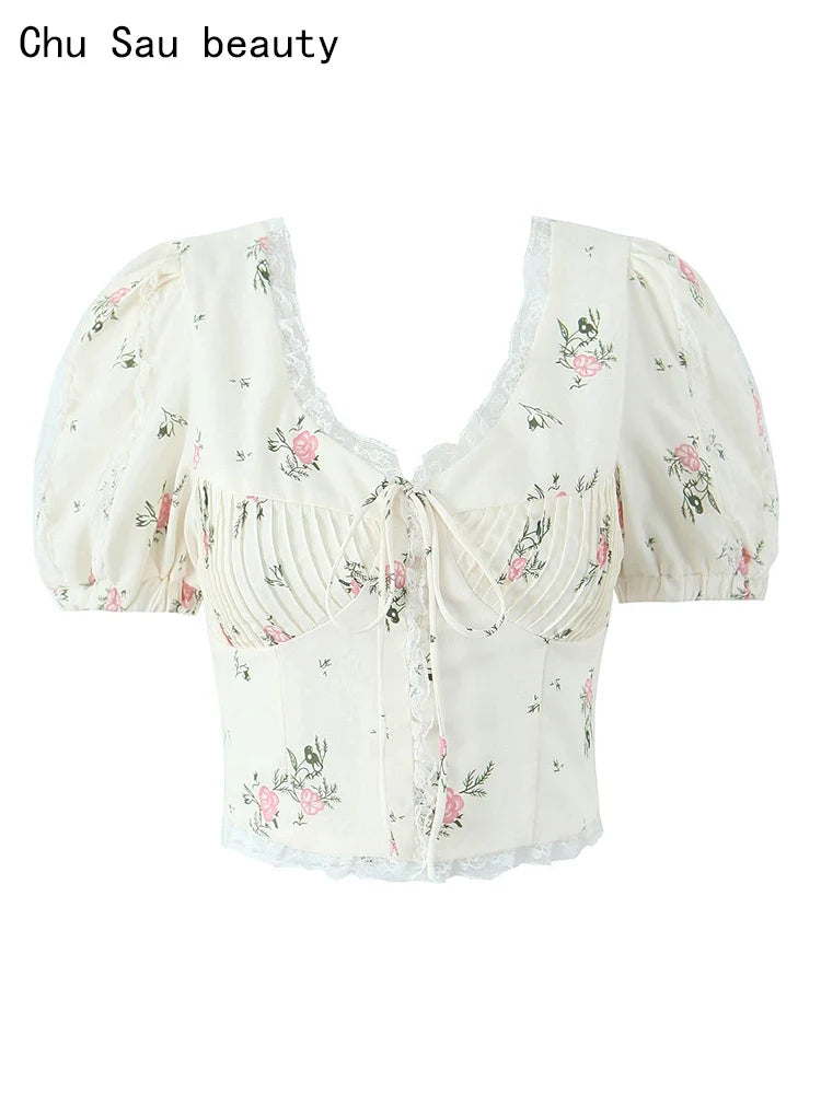 2024 Women Summer Vintage Floral Print Bow Tied Cropped Tank Tops Fashion V-Neck Short Sleeve Female Casual Chic Tops Vestidos