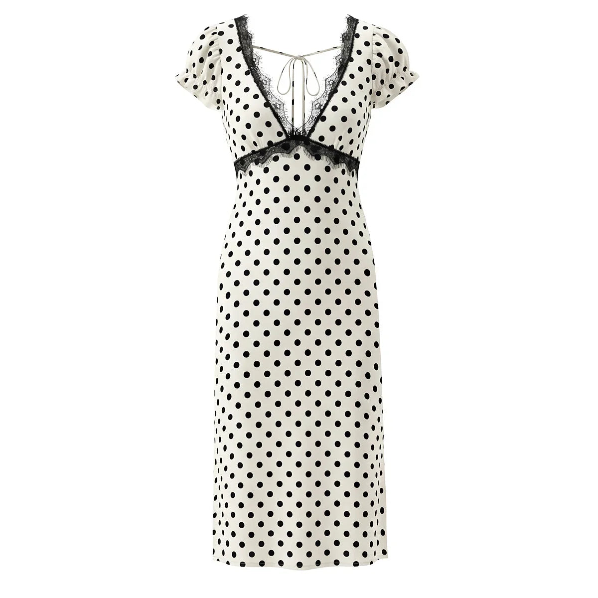 YENKYE New 2026 Women Lace Trim Polka Dot Dress Short Sleeve V Neck A-line Summer Sexy Backless Dresses