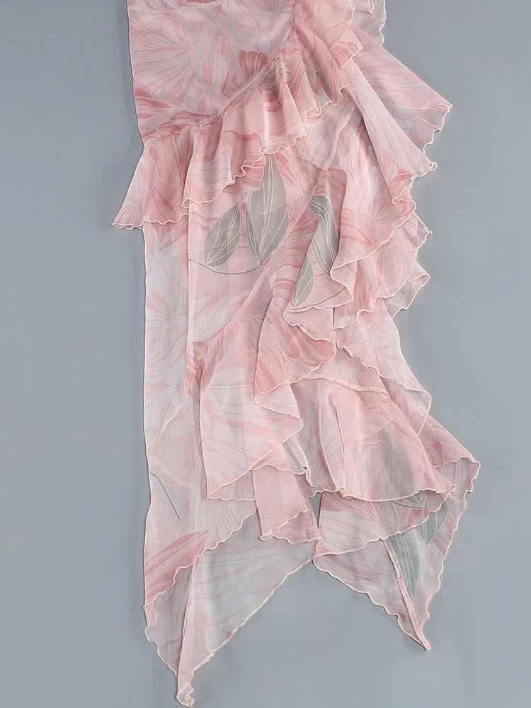 Summer Sexy Spaghetti Strap Printed Ruffles Long Dress Women Pink Sleeveless Backless Flower Dresses Holiday Party Sundress