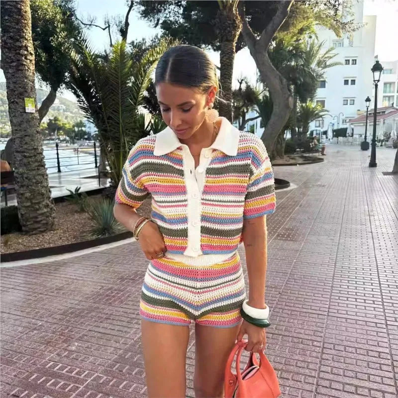 Women Patchwork Striped Hollow Out Crochet Knitted Crop Sweater Shorts Set Short Sleeve Polo Collar Sweater Knit Shorts Suit Y2K