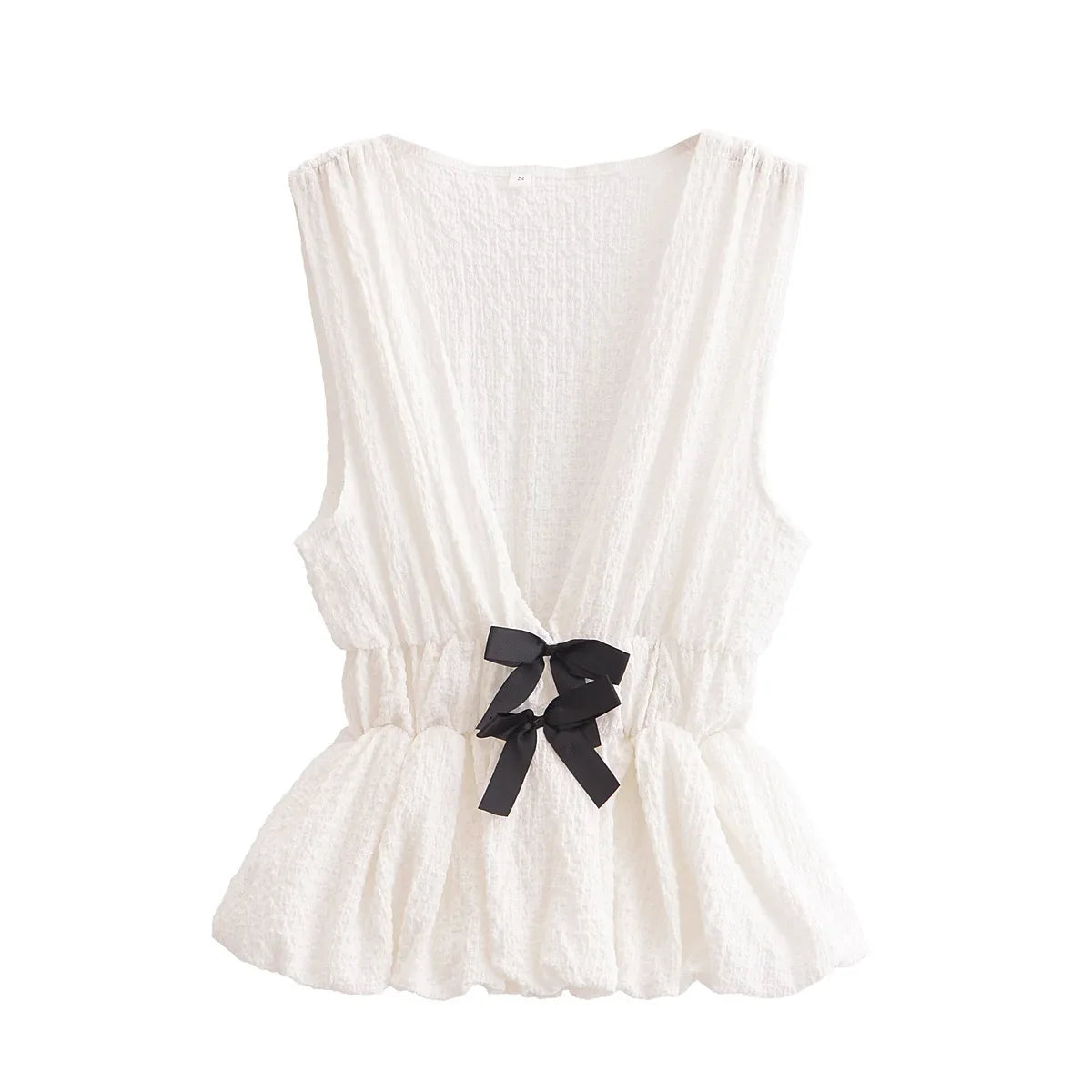 YENKYE 2025 Women Contrasting Bow White Tank Top Sleeveless Deep V Neck  Elastic Waist  Balloon Hem Summer Crop Top