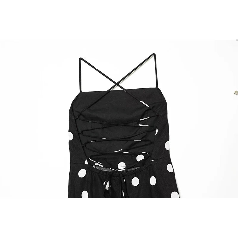 YENKYE 2026 Summer Polka Dot Maxi Dress Women Bandage Back Spaghetti Strap A Line Backless Sundress For Beach Vacation