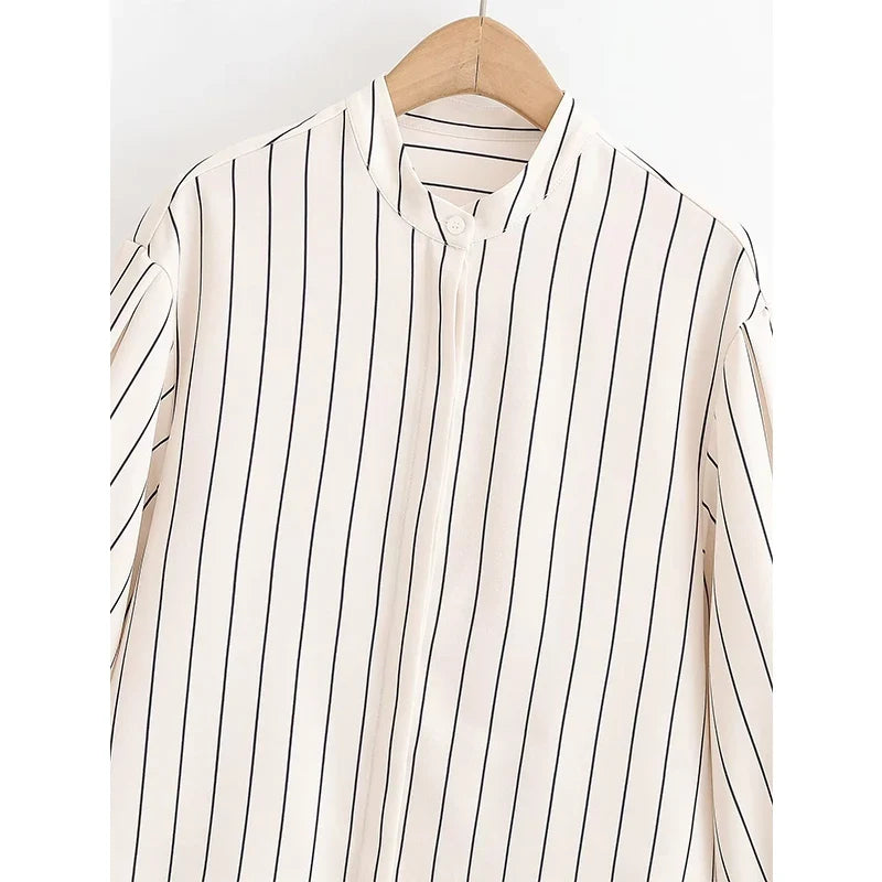 YENKYE Minimalist Striped Shirt For Women Stand Collar Long Sleeve Button Up Blouse Elegant Work Wear