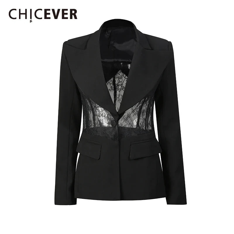 CHICEVER Black Spliced Lace Jacket Female Lapel Long Sleeve Loose Perspective Luxury Women's Jackets Autumn Fashion New Style