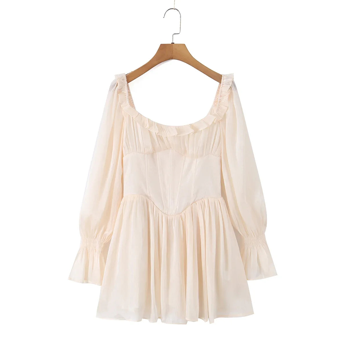 Women Bright Apicot Wood Ears Fold Chest Puff Long Sleeve Dress Boning Low Waist Cross Bandage Lacing Up Back Short Dresses Robe