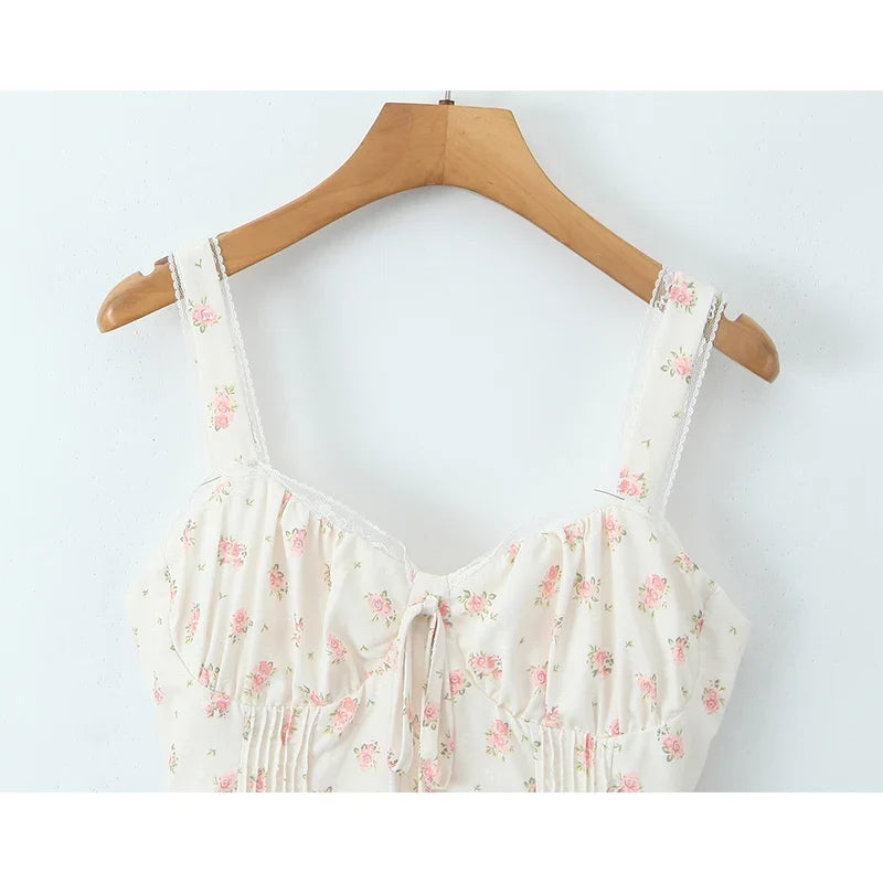 YENKYE Elegant Women Lace Patchwork Floral Print Sling Mini Dress Sleeveless Low Waist A-line Holiday Party Dresses Summer Robe