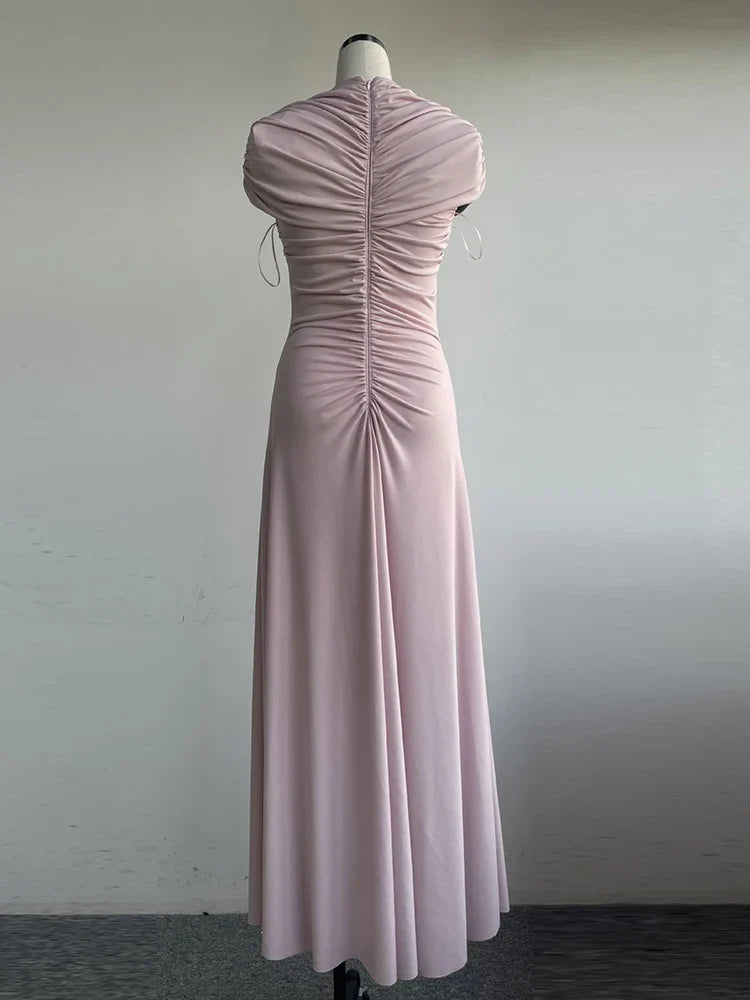 New Sexy O Neck Folds A-line Long Dress Women Short Sleeves Ruched Draped Dresses Elegant Evening Party Gowns