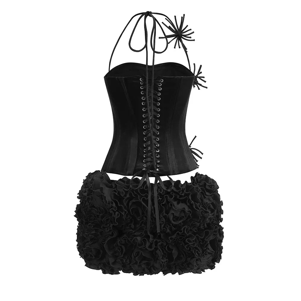 VC Structured Flowers Skirt Two Piece Set Halter Floral Black Red Corset Top With Mini Skirt Lace-up Suit Celebrity Party Wear