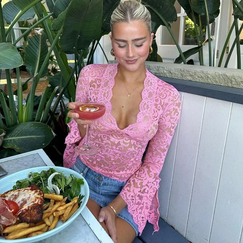 DGLUKE V-Neck Long Sleeve Lace Top Women Sexy Transparent  Crop Top Summer Fall Woman Blouses And Shirts Clubwear
