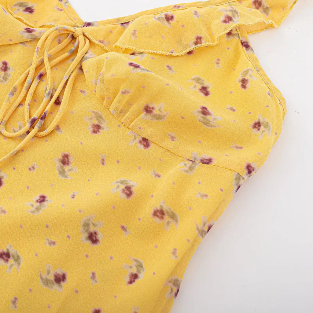 2026 Summer Women Yellow Floral Print V neck Ruffles Strap Sling Dress Slim Waist Side Zipper A-lined Short Tank Dresses Robe