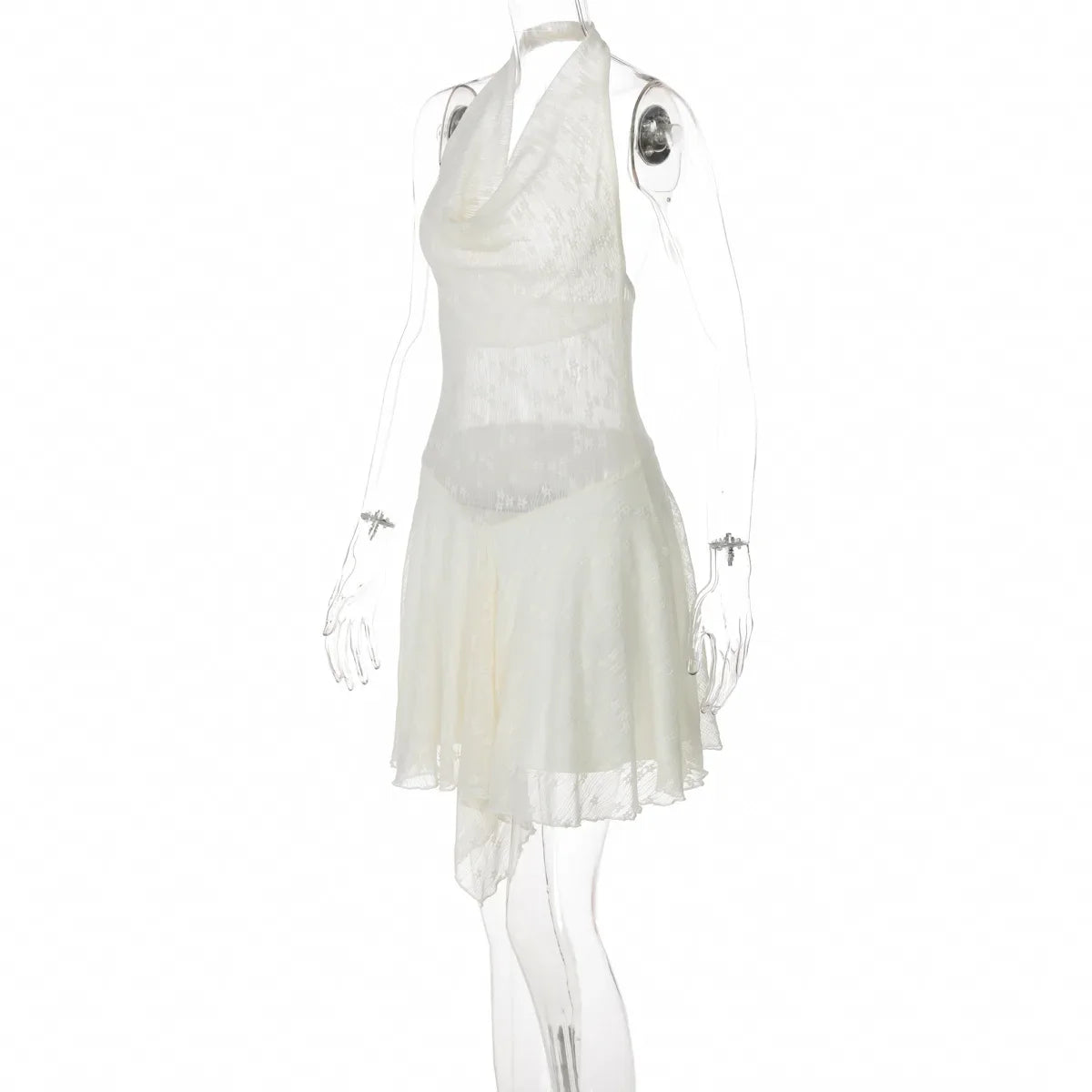 Cryptographic Fashion Halter Draped Mini Dress Sexy Backless A-Line Sheer Frill Hem Dresses Coquette Summer Vacation Vestido