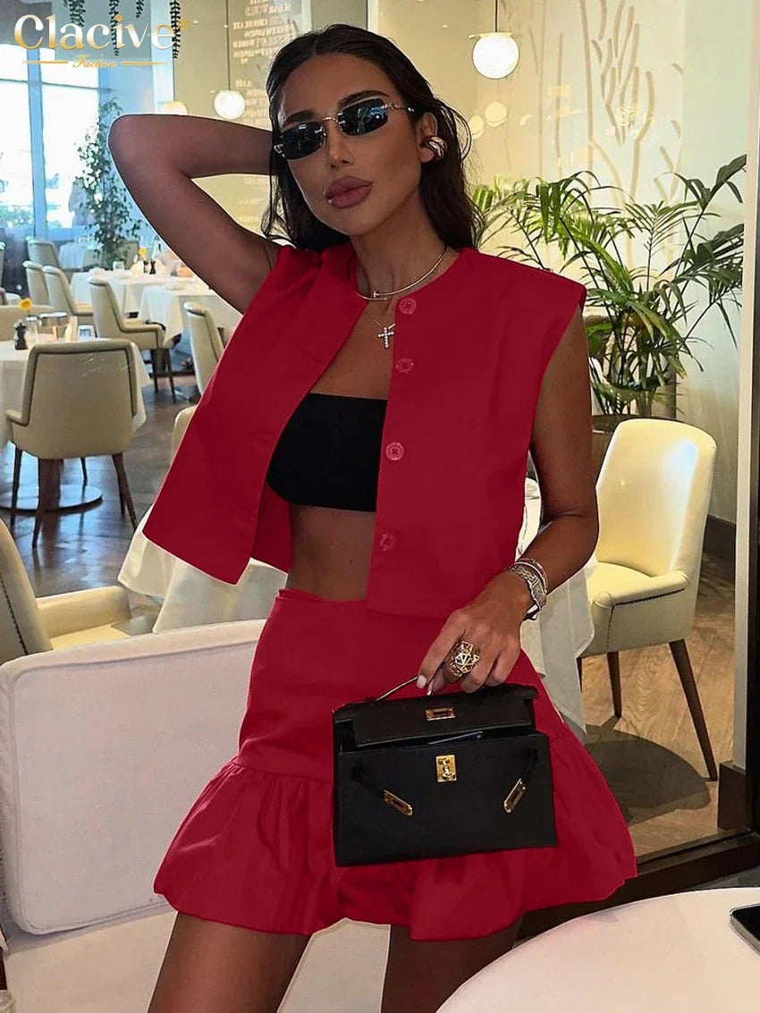 Clacive Summer Loose Red Cotton Women's Two Pieces Set 2025 Fashion Sleeveless Tank Top With High Waist Mini Skirt Set Female