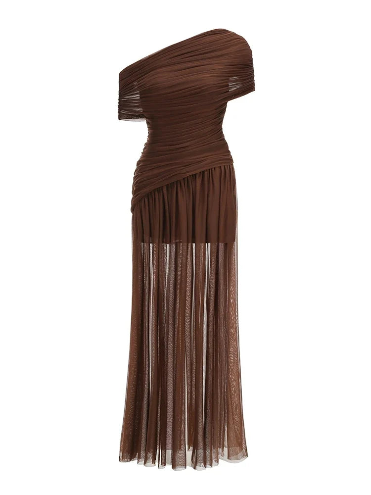Sexy One Shoulder Ruched Design Long Dress Women Blue Brown Mesh Diagonal Collar Folds Slim Dresses Evening Party Cocktail Gowns