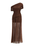 Sexy One Shoulder Ruched Design Long Dress Women Blue Brown Mesh Diagonal Collar Folds Slim Dresses Evening Party Cocktail Gowns