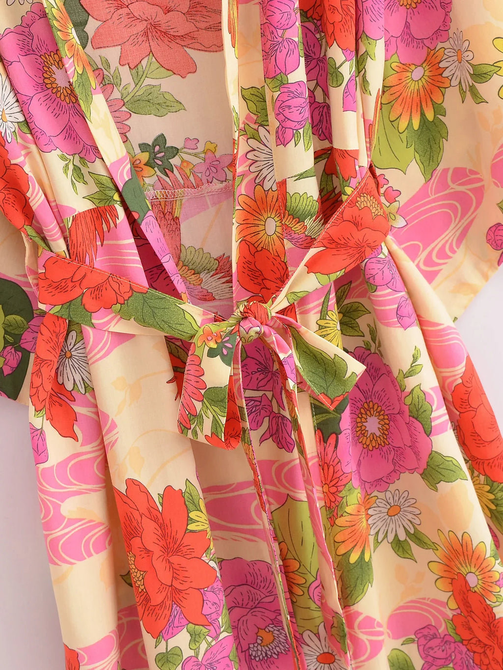 2024 BOHO Orange Flower Bird Print Long Kimono Shirt Ethnic Lacing up Sashes Midi Long Holiday Cardigan Robe Loose Blouse Tops
