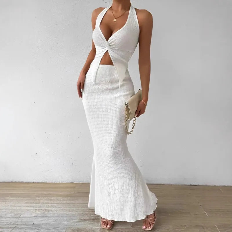 Tuularose White Long Skirt Two Piece Summer Sexy Twist Lace-up Vest Top Tight Long Skirt Set Elegant 2025 Female Long Dress Sets