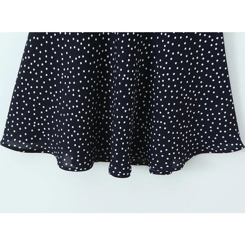 YENKYE 2026 New Women Navy Blue Polka Dot Mini Dress Lace Trim V-Neck Puff Sleeve A-line Summer Dresses Holiday Vestidos