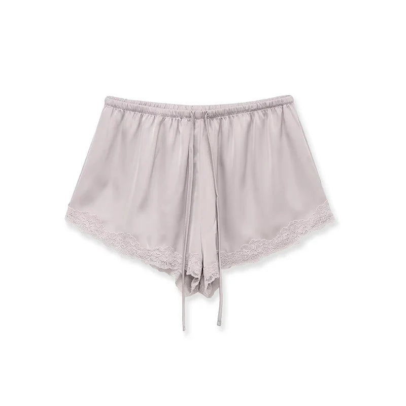 YENKYE New 2026 Women Lace Trim Satin Mini Shorts Elastic Waist With Drawstring Casual Summer Shorts
