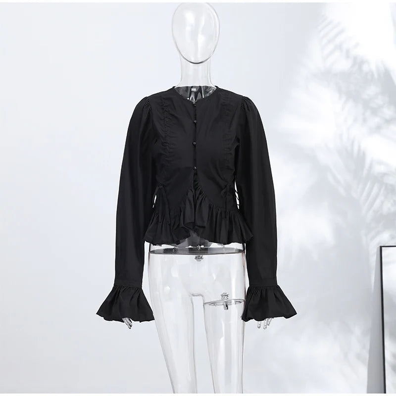 Fashion Street Ruffle Women's Blouse Solid Single Breasted Full Sleeve Pleated Cropped Shirt Lady New Casual Spring Clothing