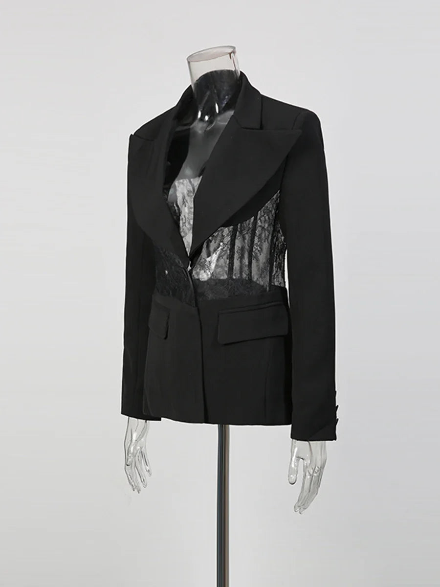 CHICEVER Black Spliced Lace Jacket Female Lapel Long Sleeve Loose Perspective Luxury Women's Jackets Autumn Fashion New Style