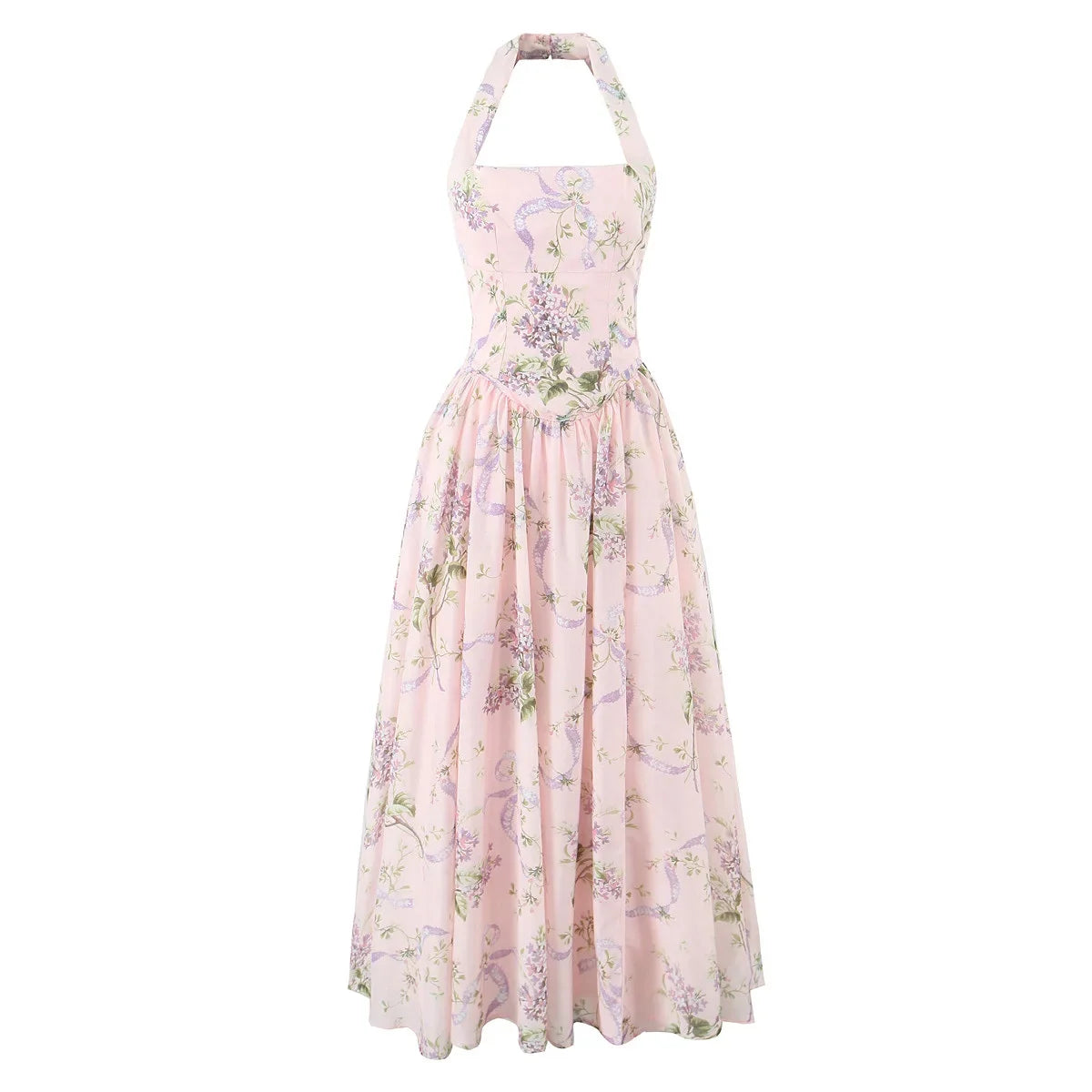 YENKYE Pink Floral Print Sexy Backless Sleeveless Dress Women Low Waist Sexy Slit A-line Midi Long Holiday Summer Dresses 2025