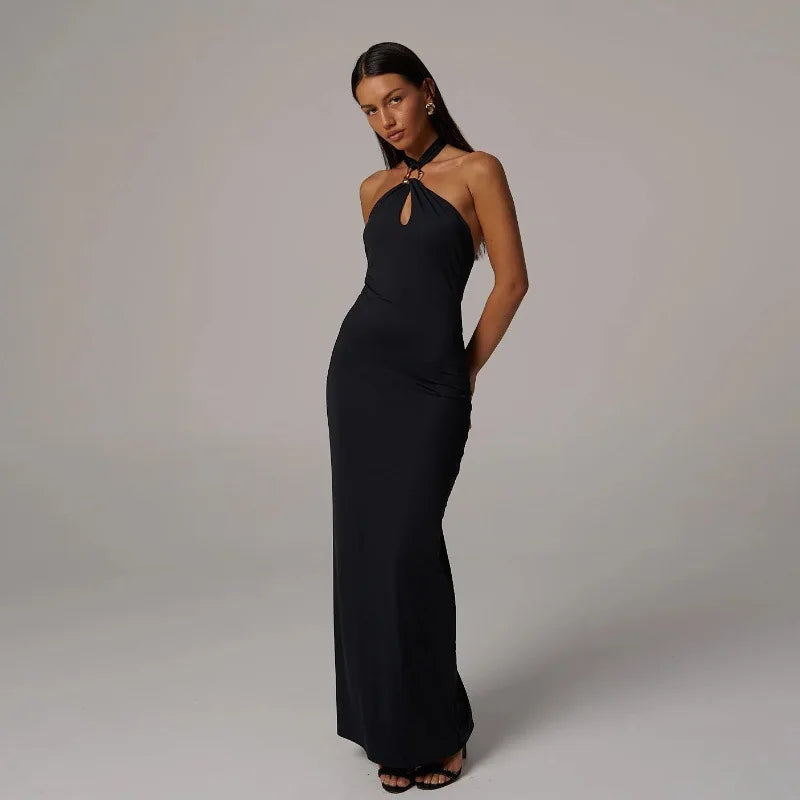 Cryptographic Summer Elegant Backless Halter Black Dress Party Club Outfits Women Sexy Maxi Dresses Gown Vestido Holiday Clothes