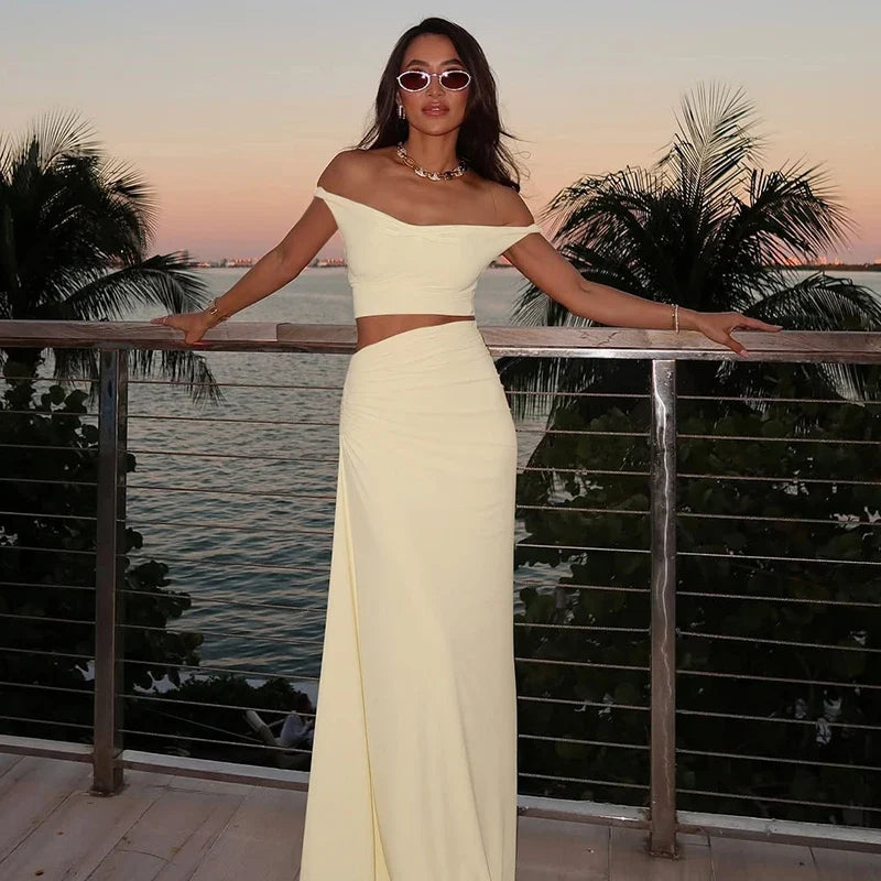Tuularose Sexy Pleated Skirt Set For Women One-Length Shoulder Patchwork Top High Waist Long Skirt Set Lady Party Slim Dress Set