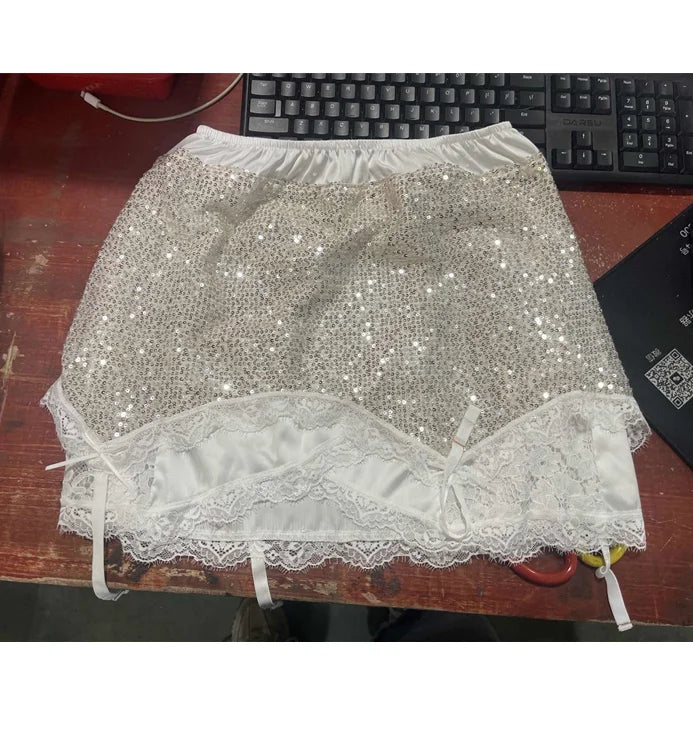 Sexy Sequin Mini Skirt Set Lace Spliced Sleeveless Strap Top Summer Women's Suit Lady New Street Party Beach Outfits 2026