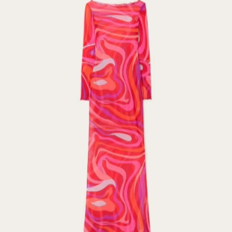 Sexy Women's Sheer Mesh Bodycon Maxi Dress Chic Print Sleeveless Slim Fit Beach Vacation Long Dresses Casual Daily Female Outfit