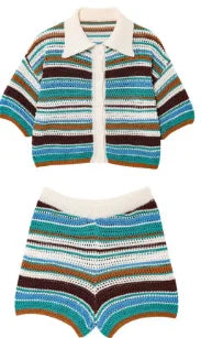 Women Patchwork Striped Hollow Out Crochet Knitted Crop Sweater Shorts Set Short Sleeve Polo Collar Sweater Knit Shorts Suit Y2K