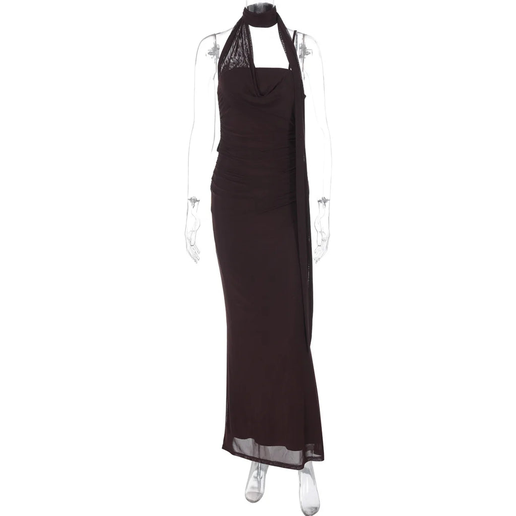 Cryptographic Elegant Neck Scarf Ruched Sexy Backless Maxi Dress Party Club Outfits for Women Slip Maxi Dresses Gown Vestido
