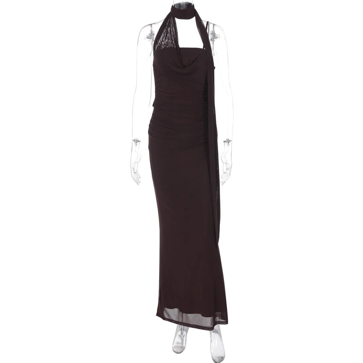 Cryptographic Elegant Neck Scarf Ruched Sexy Backless Maxi Dress Party Club Outfits for Women Slip Maxi Dresses Gown Vestido