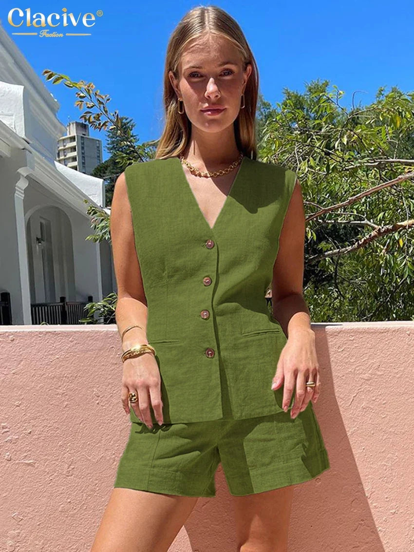 Clacive Summer Slim Khaki Linen 2 Piece Sets Women Outfit 2024 Fashion Sleeveless Tank Top With High Waist Shorts Set Female
