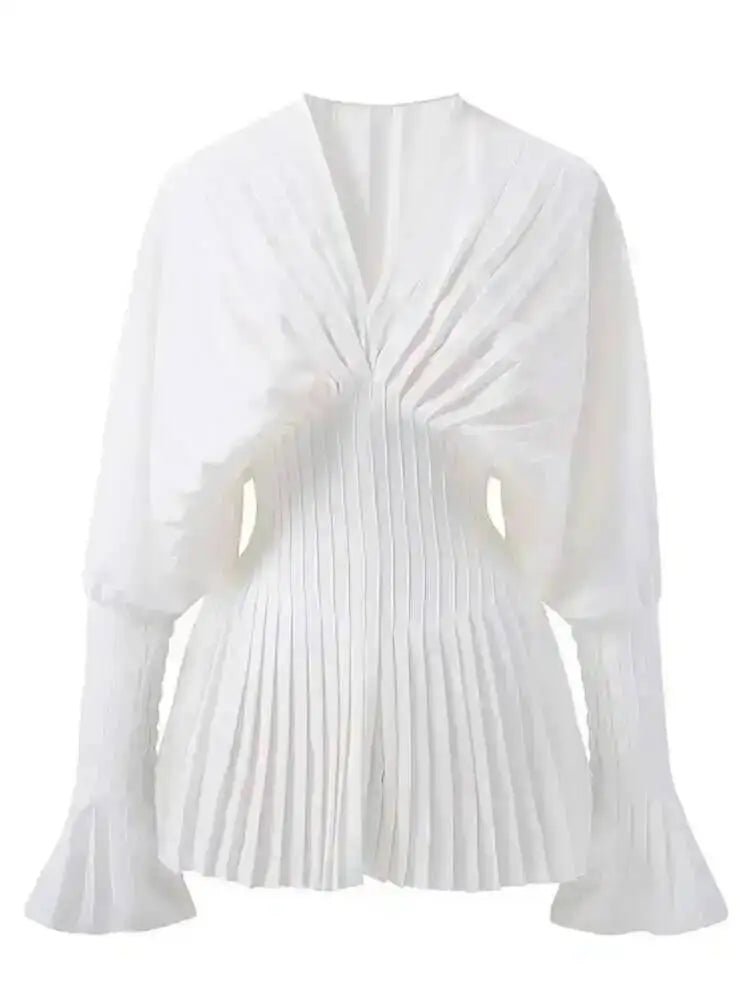 DEAT Fashion Women's Blouses Solid Color V-neck Puff Sleeve Folds Girdle Waist Slim Pullover Shirts Summer 2024 New 17A7295