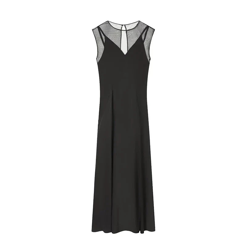 YENKYE Sexy Semi-Sheer Elegant Black Long Dress Women O Neck Sleeveless A-line Party Maxi Vestidos