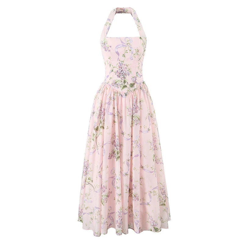 YENKYE Pink Floral Print Sexy Backless Sleeveless Dress Women Low Waist Sexy Slit A-line Midi Long Holiday Summer Dresses 2025