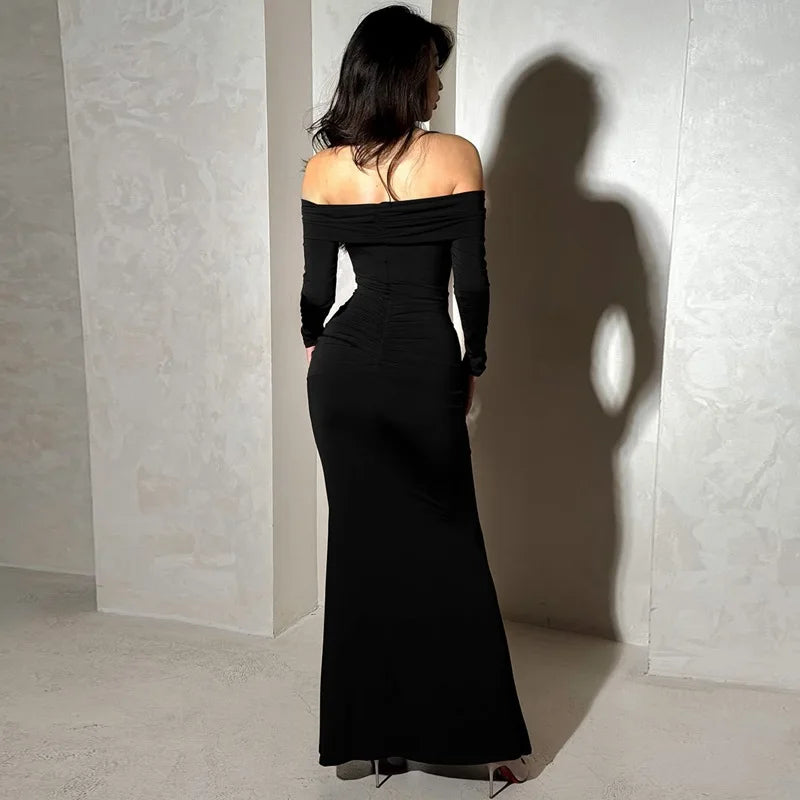 Cryptographic Elegant Off Shoulder Ruched Maxi Dress Women Party Club Outfits Autumn Long Sleeve Bodycon Dresses Gown Clothes