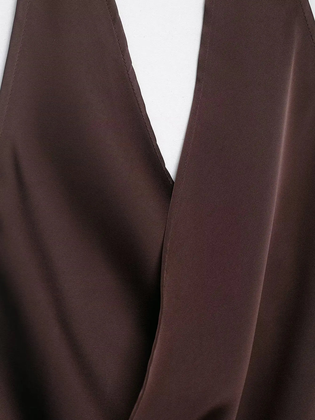 4 colors Sexy Ruched Cross Front Satin Halter Tank Top Women One Button Side Asymmetric Camisole Camis Crop Tee Brown Lavender