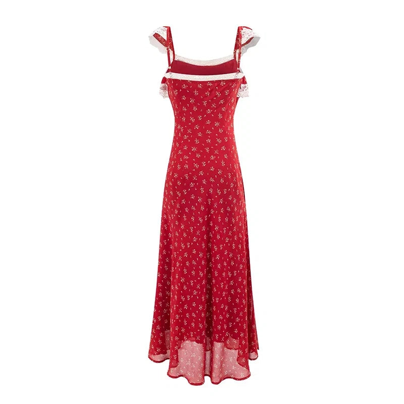 YENKYE Vintage French Style Women's Red Floral Print Dress Lace Ruffle Spaghetti Strap Flowy Vacation Dresses Summer Robe
