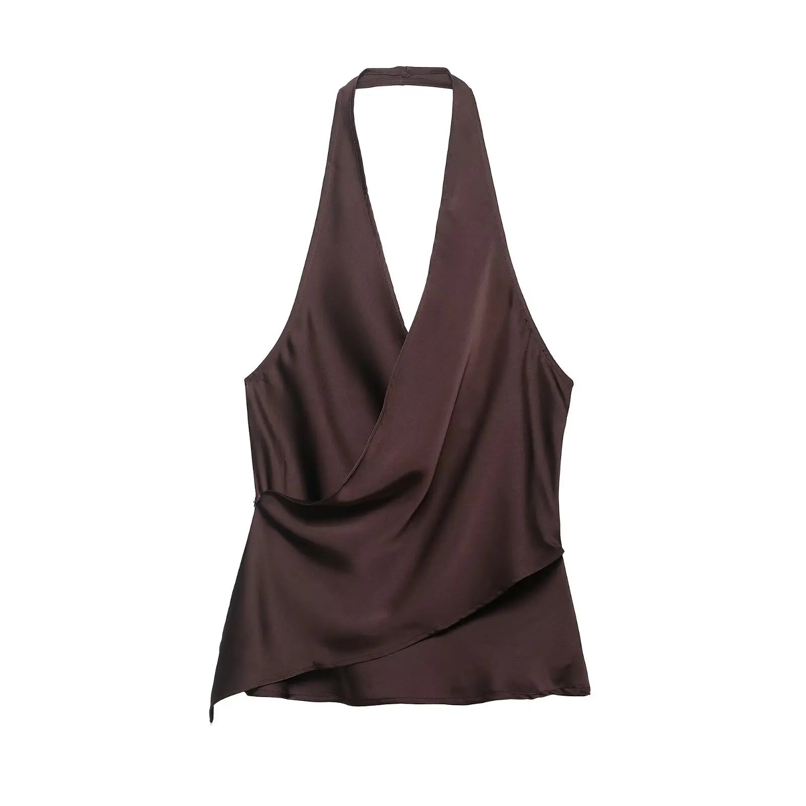 4 colors Sexy Ruched Cross Front Satin Halter Tank Top Women One Button Side Asymmetric Camisole Camis Crop Tee Brown Lavender
