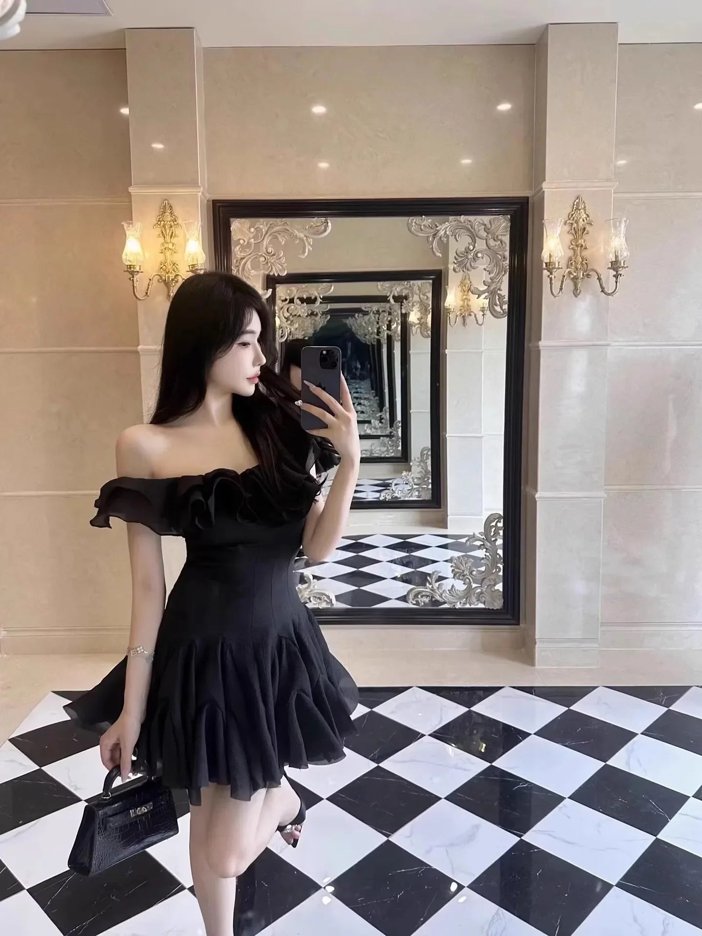 IEQJ Fashion Women Dress Sleeveless Slash Neck Solid Color Lotus Leaf Edge Design Female Party Dresses New Tide 3QW1205